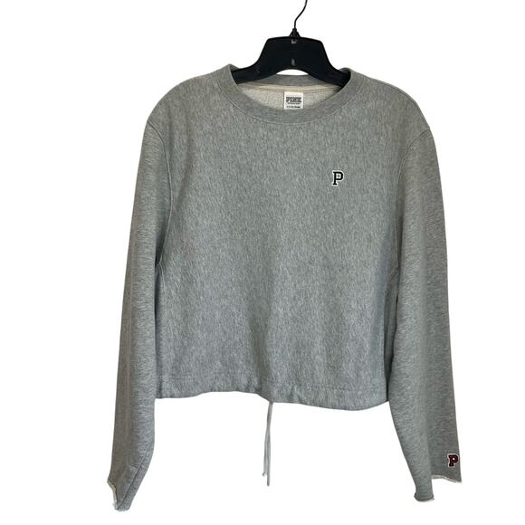 PINK Victoria’s Secret Gray Cropped Sweatshirt Small Drawstring Hem Logo - Picture 1 of 8